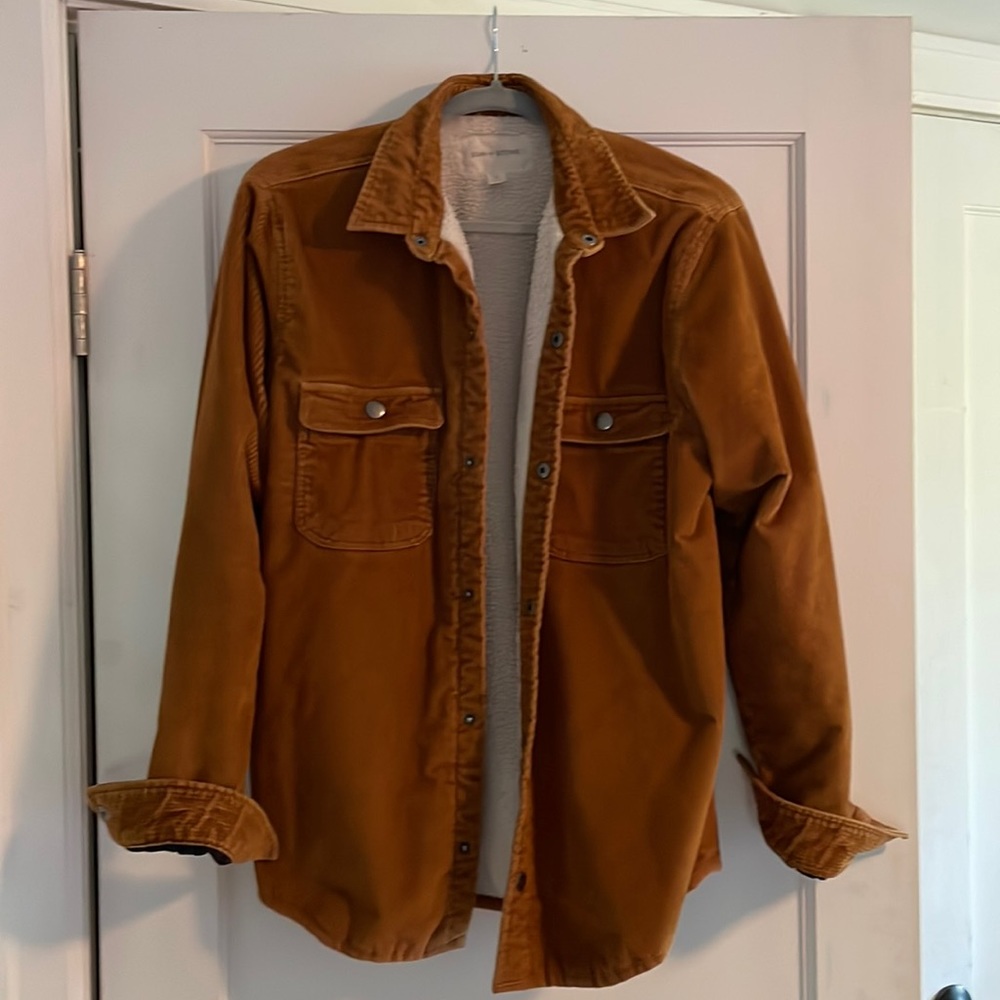 Sun and stone shearling lined corduroy jacket. Mens small, worn as womens Large